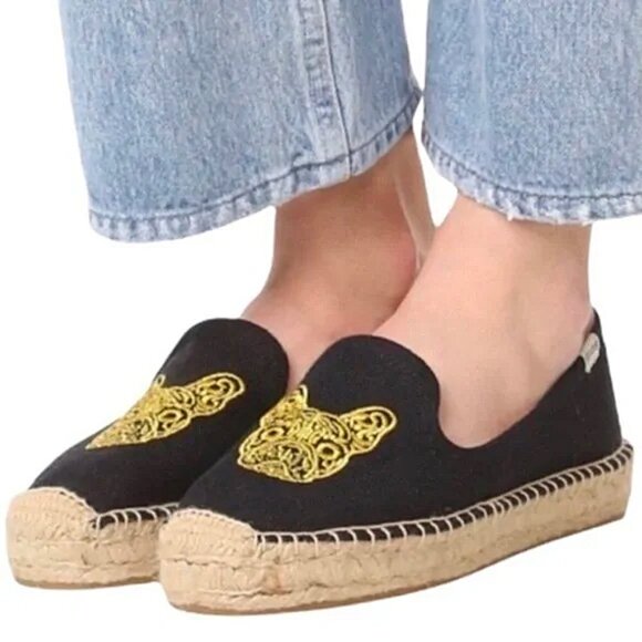 Soludos Black Canvas Frenchie - French Bulldog Embroidered Espadrille Size 10 - Picture 1 of 4